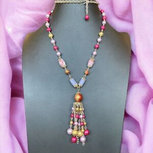 Vintage Japan Pink Purple Gold Plastic Beaded Tassel Necklace Gold Tone Signed
